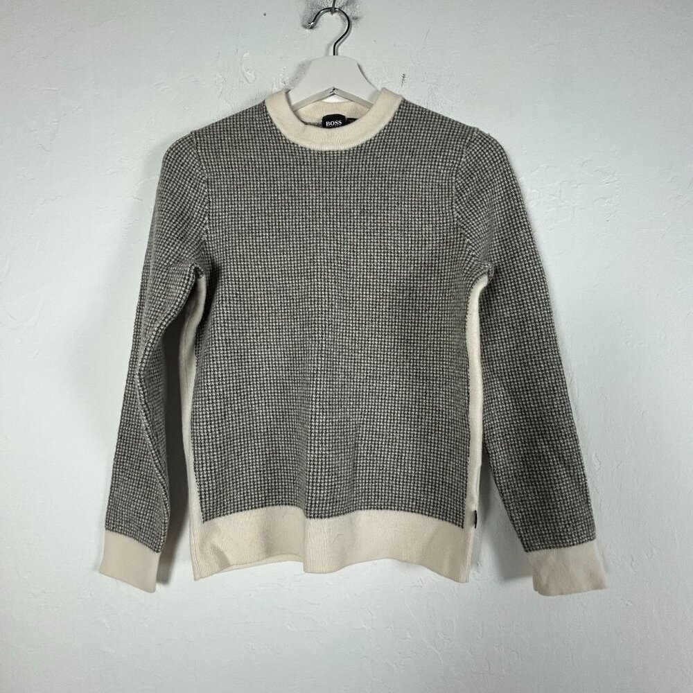 BOSS HUGO BOSS Womens Houndstooth Wool Crewneck Sweater Large Gray Pullover